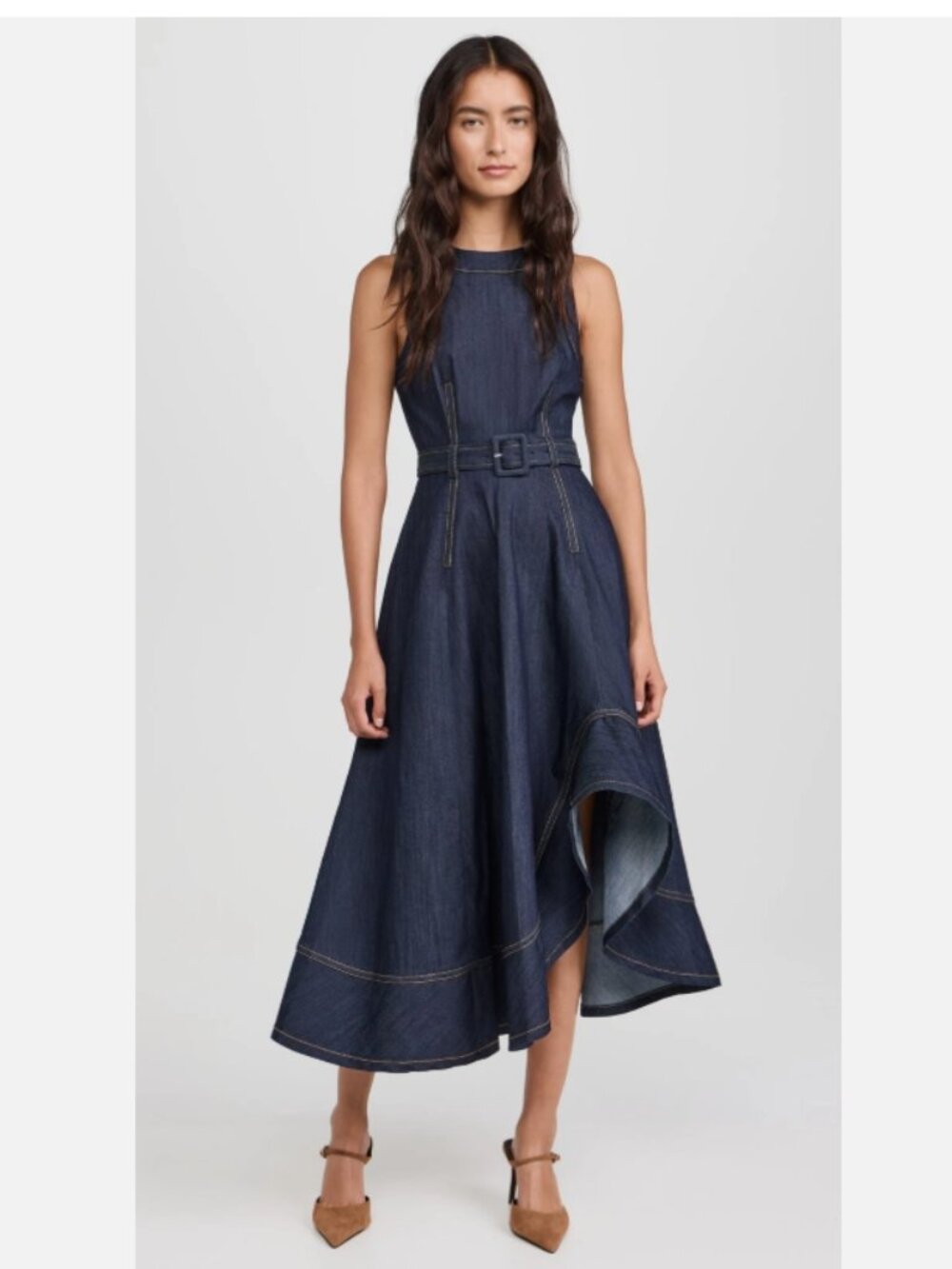 Cinq à Sept Zelda Belted Asymmetric Sleeveless Denim Midi Dress